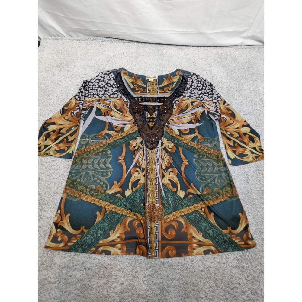 Live and Let Live‎ Womens Blouse Boho Tunic Top rhinestones 2XL Gold & Green
